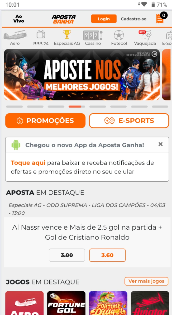 Página inicial do site do cassino online Aposta Ganha em um telefone Android.
