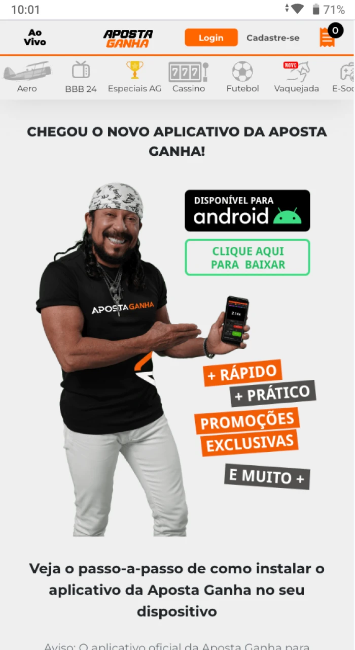 Onde posso encontrar o botão para baixar o arquivo do aplicativo do cassino online Aposta Ganha para o meu telefone Android.