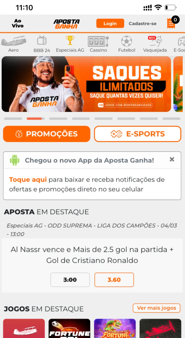 Site de cassino online Aposta Ganha no telefone iOS.