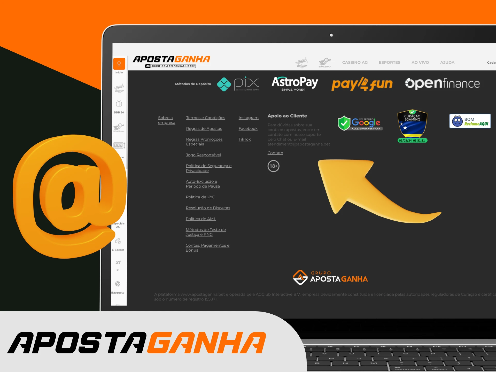 Para que endereço de email posso colocar uma questão ao serviço de apoio ao cliente do casino online Aposta Ganha.
