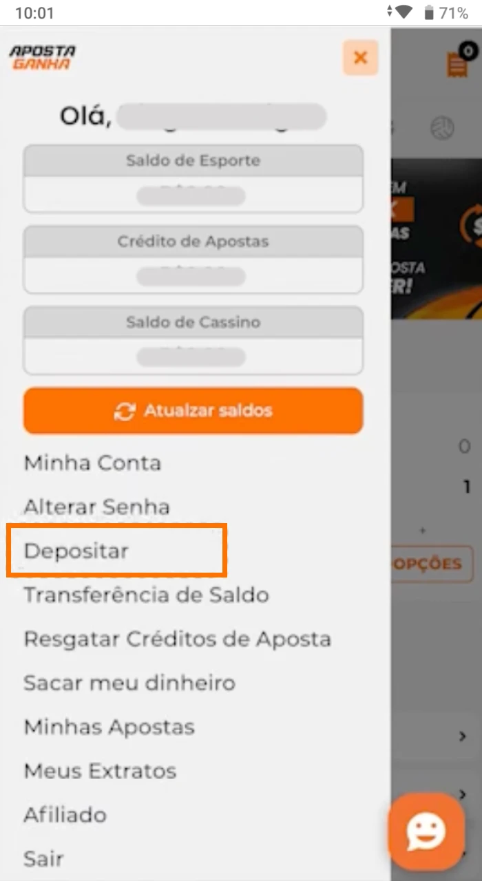 Onde posso encontrar o botão de depósito no casino online Aposta Ganha no meu telemóvel.