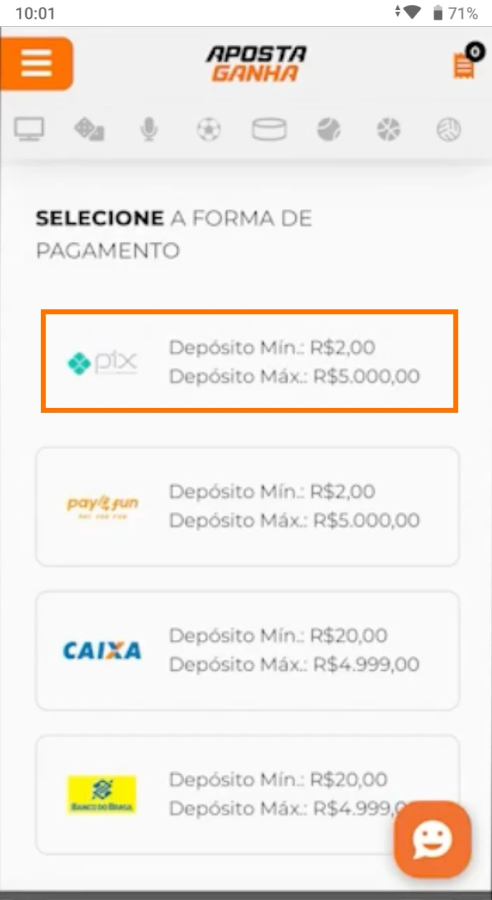Onde posso escolher um sistema de pagamento para um depósito no casino online Aposta Ganha no meu telemóvel.