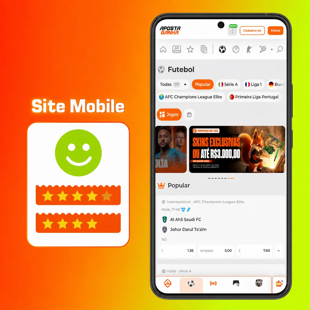 Site mobile da Aposta Ganha otimizado para smartphones com acesso a apostas, cassino e pagamentos via Pix