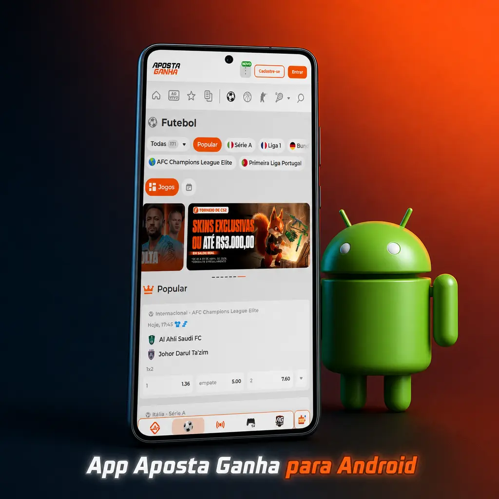 Tela do aplicativo Aposta Ganha para Android com opções de apostas esportivas e cassino disponíveis para download