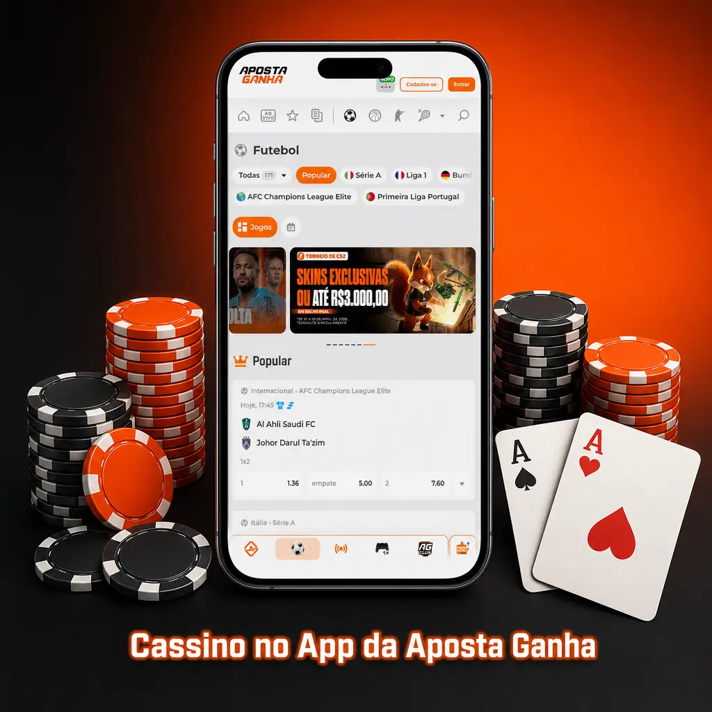 Interface do app Aposta Ganha mostrando cassino ao vivo com slots, roleta e blackjack em destaque