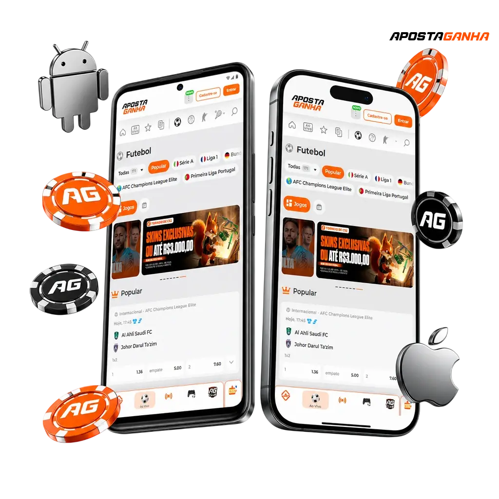 Aplicativo Aposta Ganha disponível para Android e iOS com apostas esportivas, cassino e bônus de boas-vindas