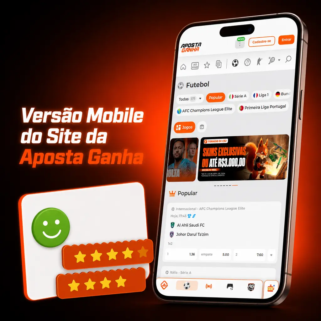 Site mobile da Aposta Ganha acessível em smartphone e tablet, com apostas esportivas e jogos de cassino sem download